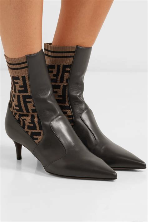 fendi rockoko logo jacquard stretch knit and leather ankle boots|fendi rockoko shoes women.